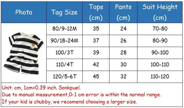 Size chart for Summer Kids Sets Boys Girls Short Sleeve Striped T-shirt and Shorts Tracksuit with measurements in centimeters