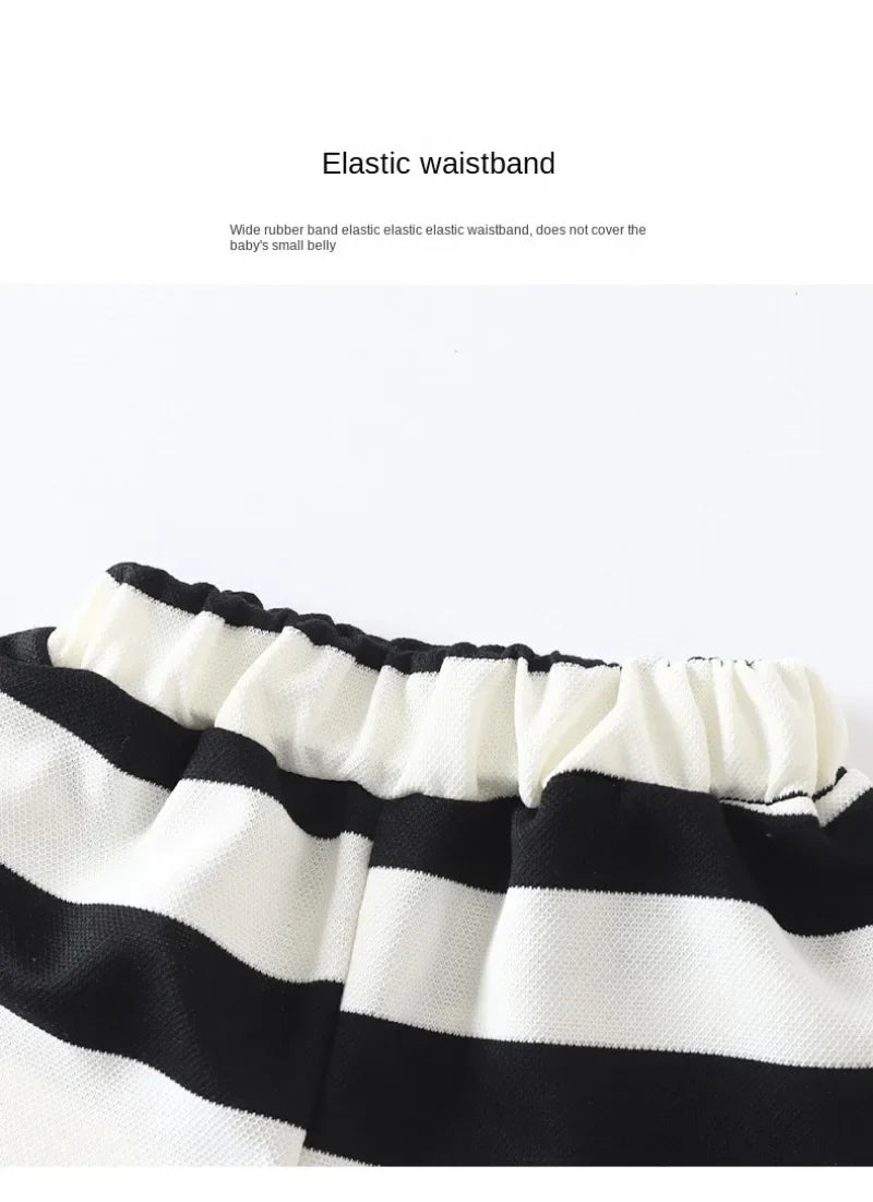 Close-up of elastic waistband on Summer Kids Sets Boys Girls Short Sleeve Striped T-shirt and Shorts Tracksuit