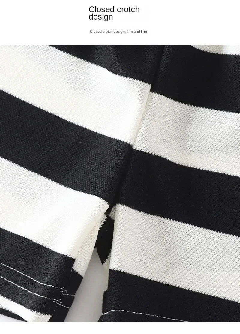 Close-up of closed crotch design on Summer Kids Sets Boys Girls Short Sleeve Striped T-shirt and Shorts Tracksuit