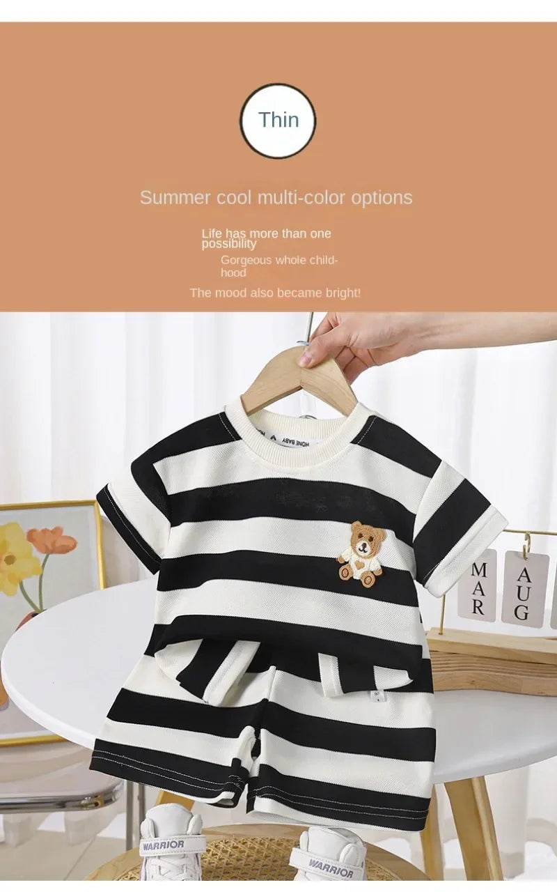 Summer Kids Sets Boys Girls Short Sleeve Striped T-shirt and Shorts Tracksuit in black and white with bear patch