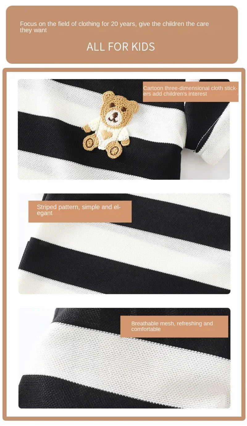 Summer Kids Sets Boys Girls Short Sleeve Striped T-shirt and Shorts Tracksuit with bear patch and breathable mesh fabric