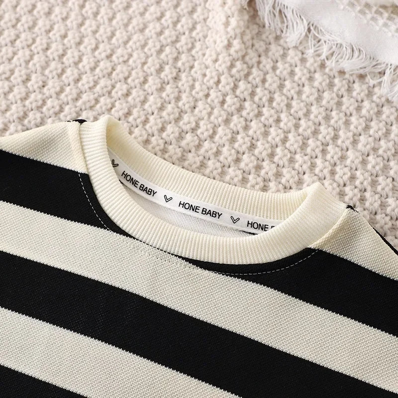 Summer Kids Sets Boys Girls Short Sleeve Striped T-shirt and Shorts Tracksuit black and white close-up neckline