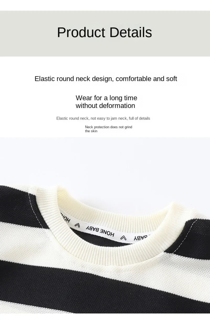 Close-up of elastic round neck on Summer Kids Sets Boys Girls Short Sleeve Striped T-shirt and Shorts Tracksuit