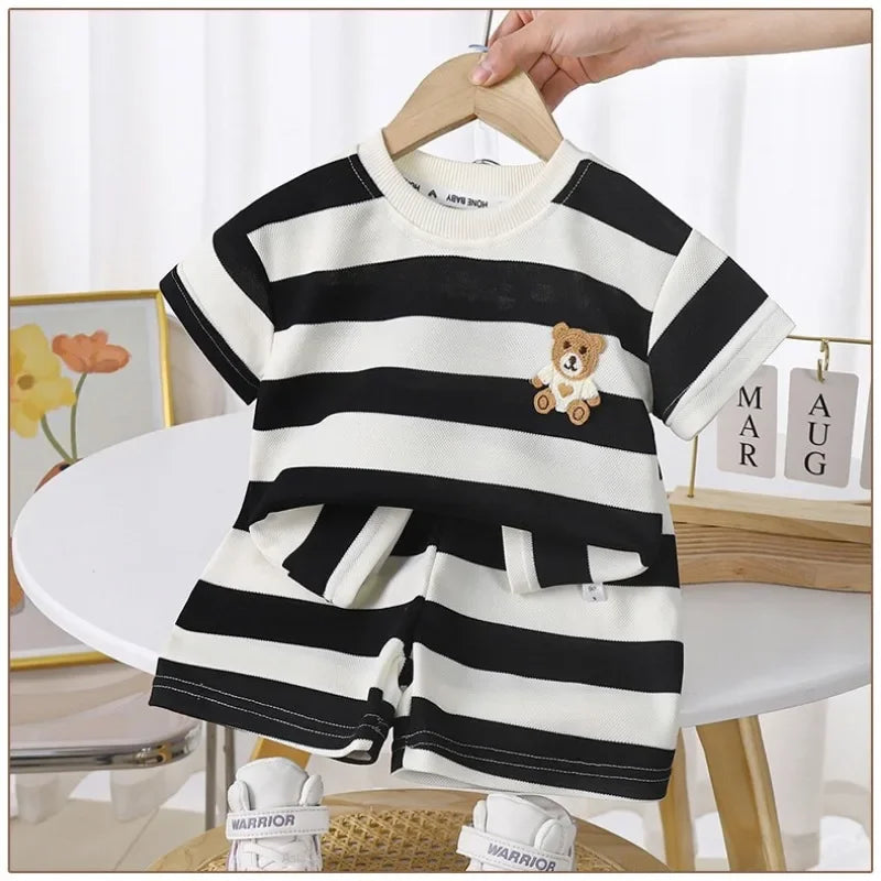 Summer Kids Sets Boys Girls Short Sleeve Striped T-shirt and Shorts Tracksuit with teddy bear patch  