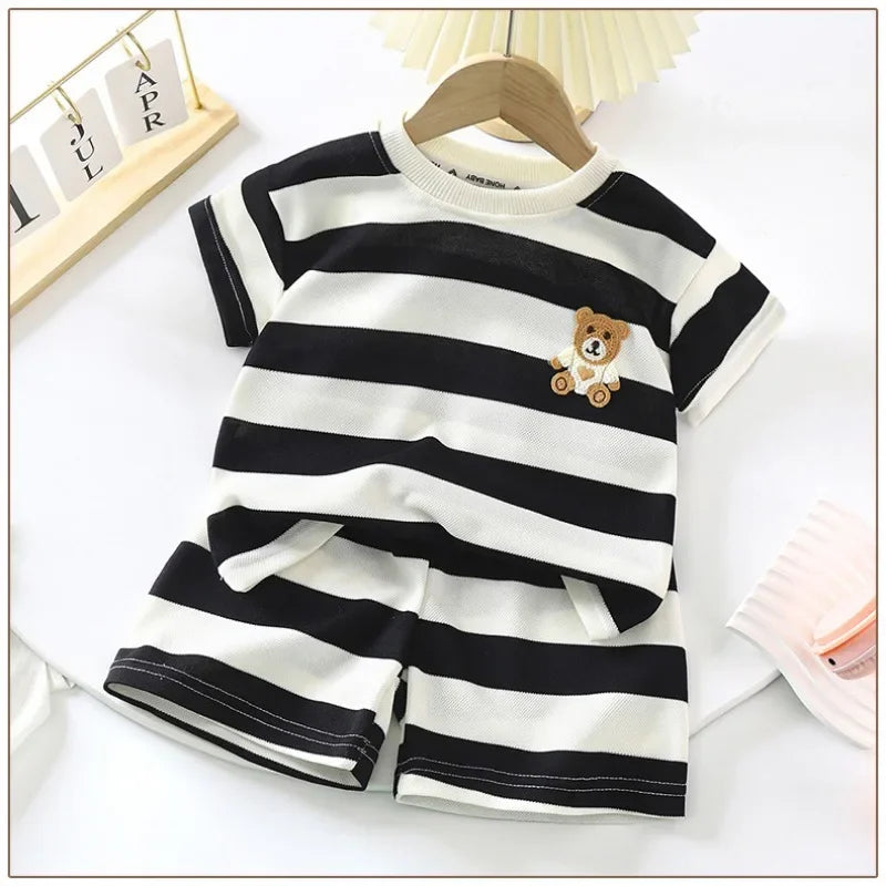 Summer Kids Sets Boys Girls Short Sleeve Striped T-shirt and Shorts Tracksuit with teddy bear patch 