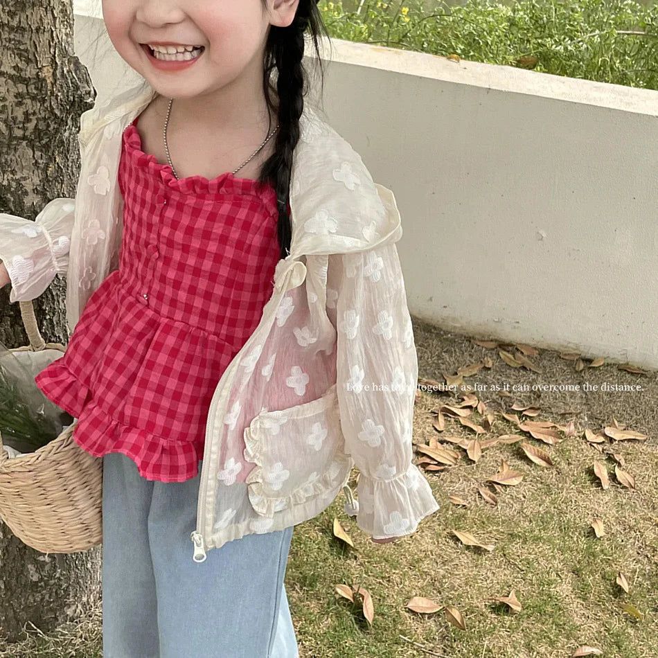 Summer Lightweight Kids Sun Suit Tops Floral Embroidery Girls Hooded Jacket worn by smiling girl outdoors 
