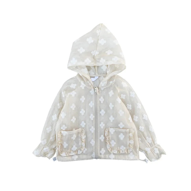 Summer Lightweight Kids Sun Suit Tops Floral Embroidery Girls Hooded Jacket in light beige with white floral patterns