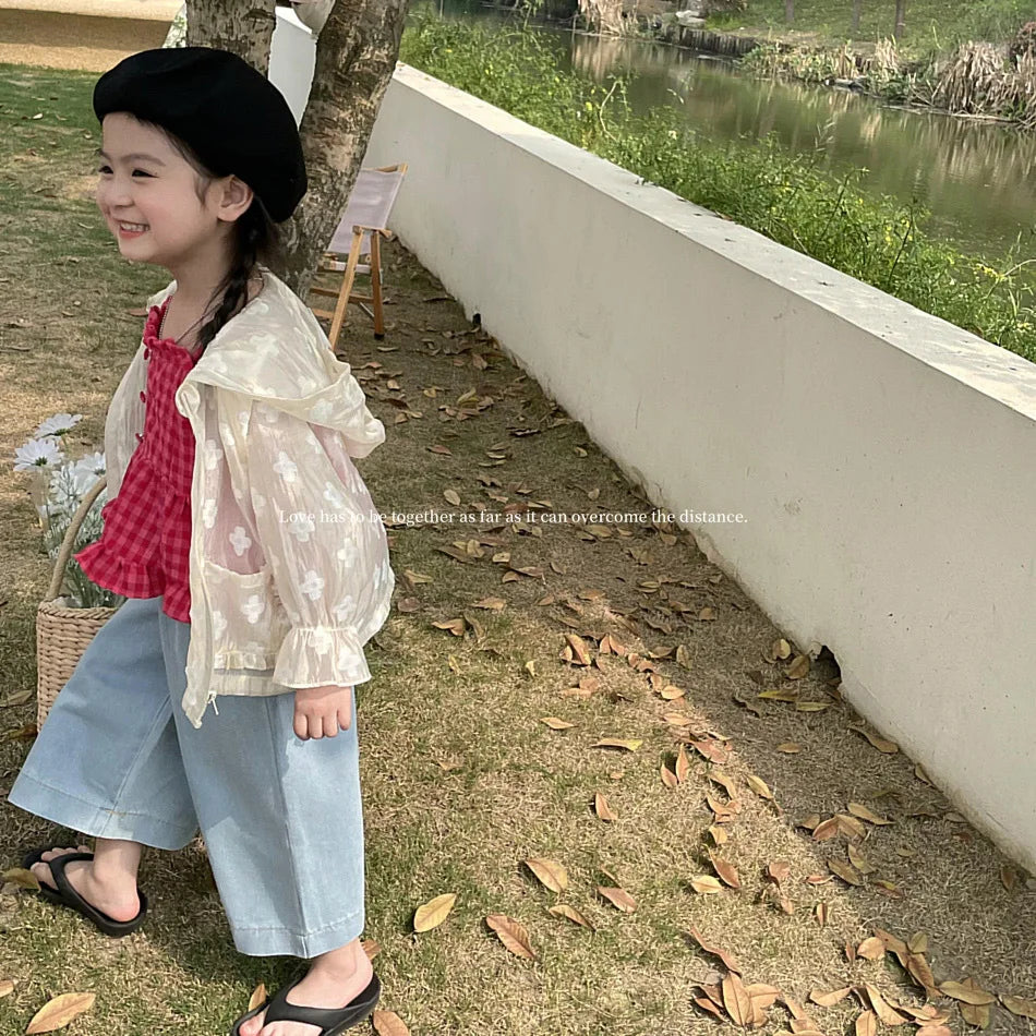 Summer Lightweight Kids Sun Suit Tops Floral Embroidery Girls Hooded Jacket worn by smiling girl outdoors with black beret and casual pants