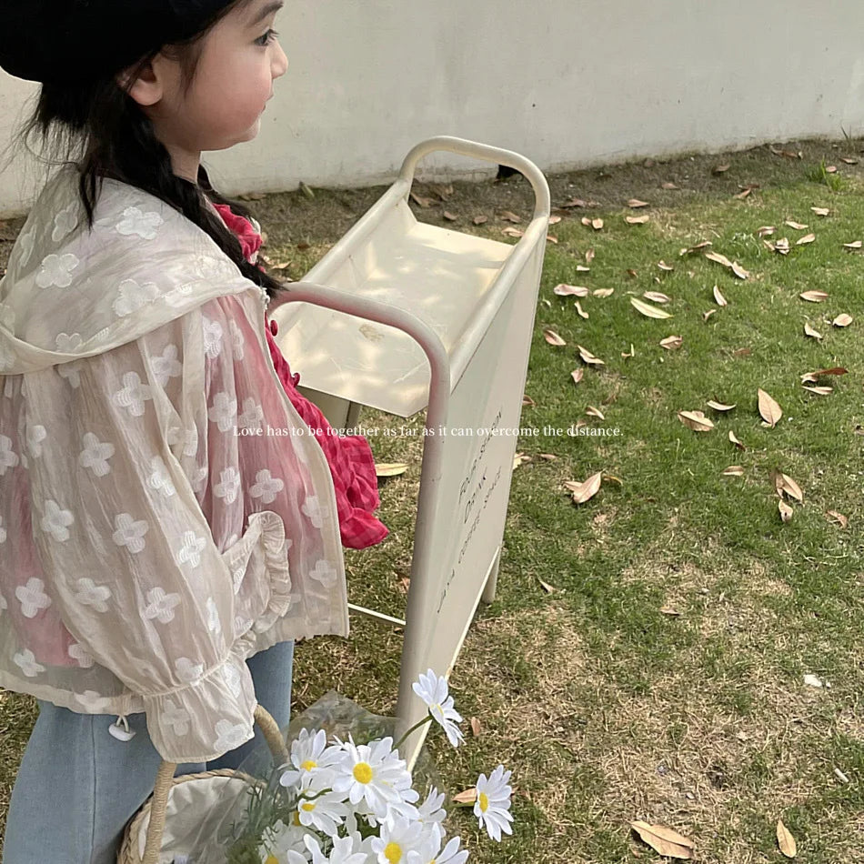 Summer Lightweight Kids Sun Suit Tops Floral Embroidery Girls Hooded Jacket worn by child outdoors holding daisies