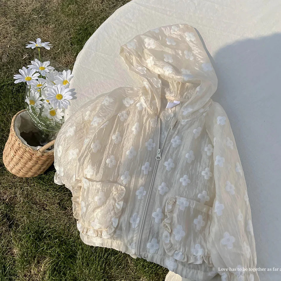Summer Lightweight Kids Sun Suit Tops Floral Embroidery Girls Hooded Jacket in light beige with white flowers