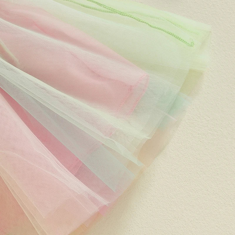 Close-up of pastel-colored tulle layers in Sweatshirt Rainbow & Tulle Skirt by Yamza Tots' Closet