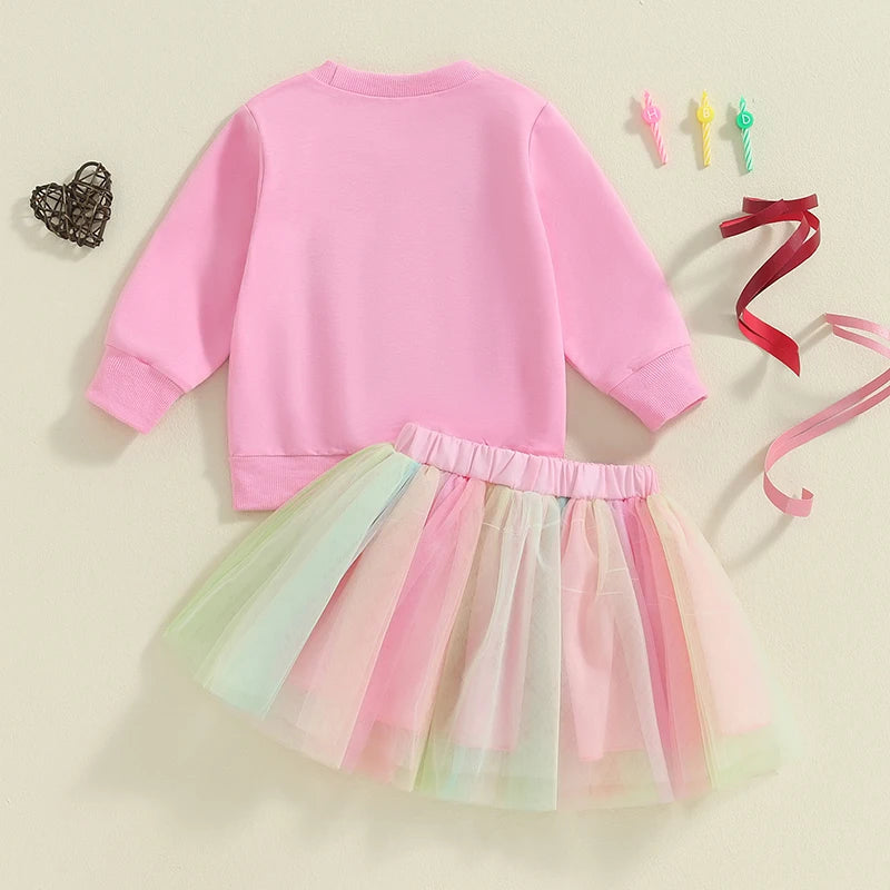 Yamza Tots' Closet Sweatshirt Rainbow & Tulle Skirt set with pink sweatshirt and pastel rainbow tulle skirt