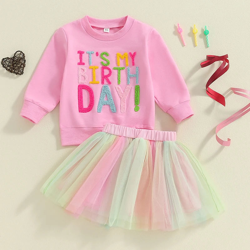 Pink sweatshirt with colorful I.T'S MY BIRTHDAY text and pastel rainbow tulle skirt Sweatshirt Rainbow & Tulle Skirt set