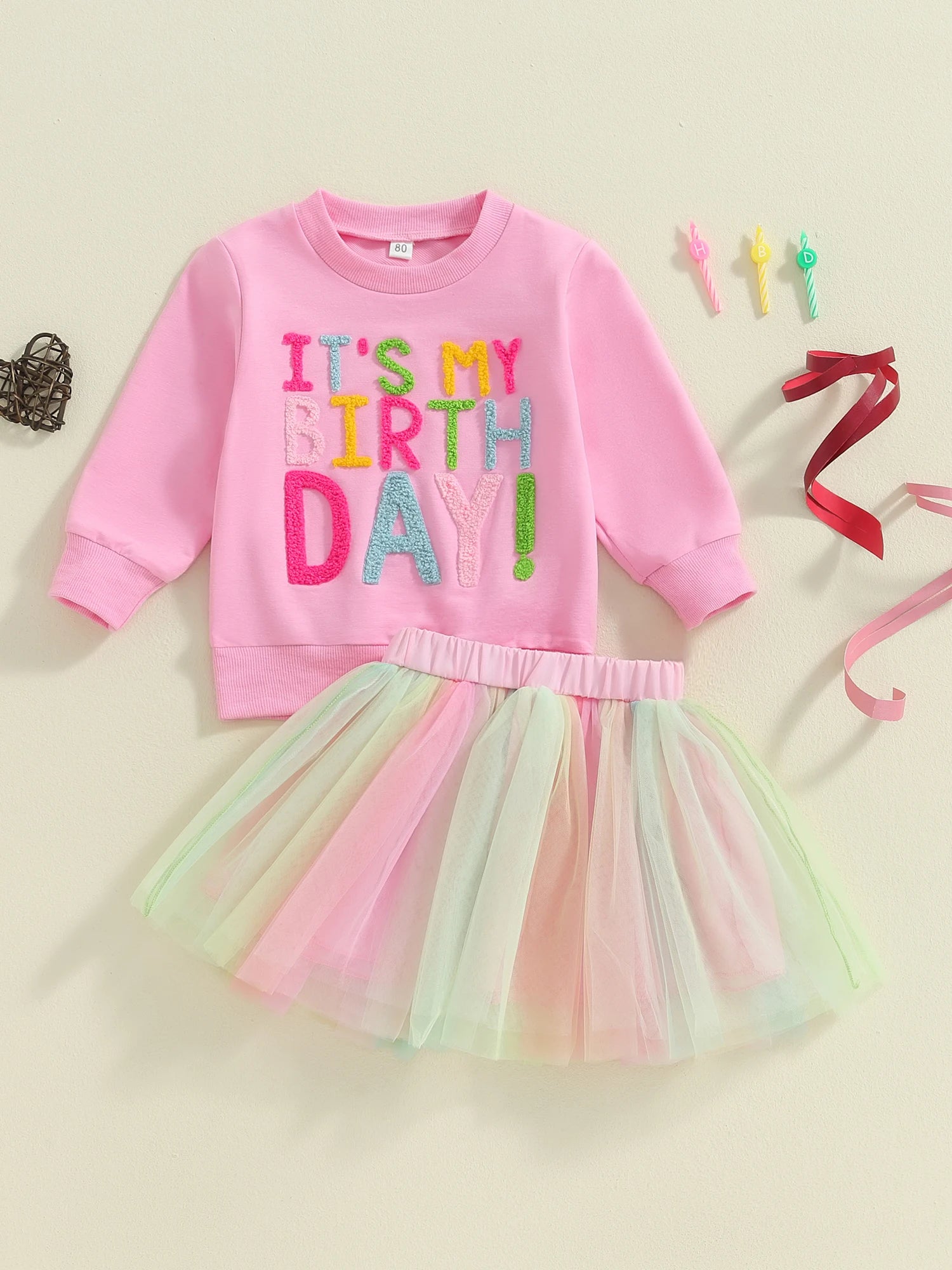 Yamza Tots' Closet Sweatshirt Rainbow & Tulle Skirt set with pink birthday sweatshirt and pastel rainbow tulle skirt1