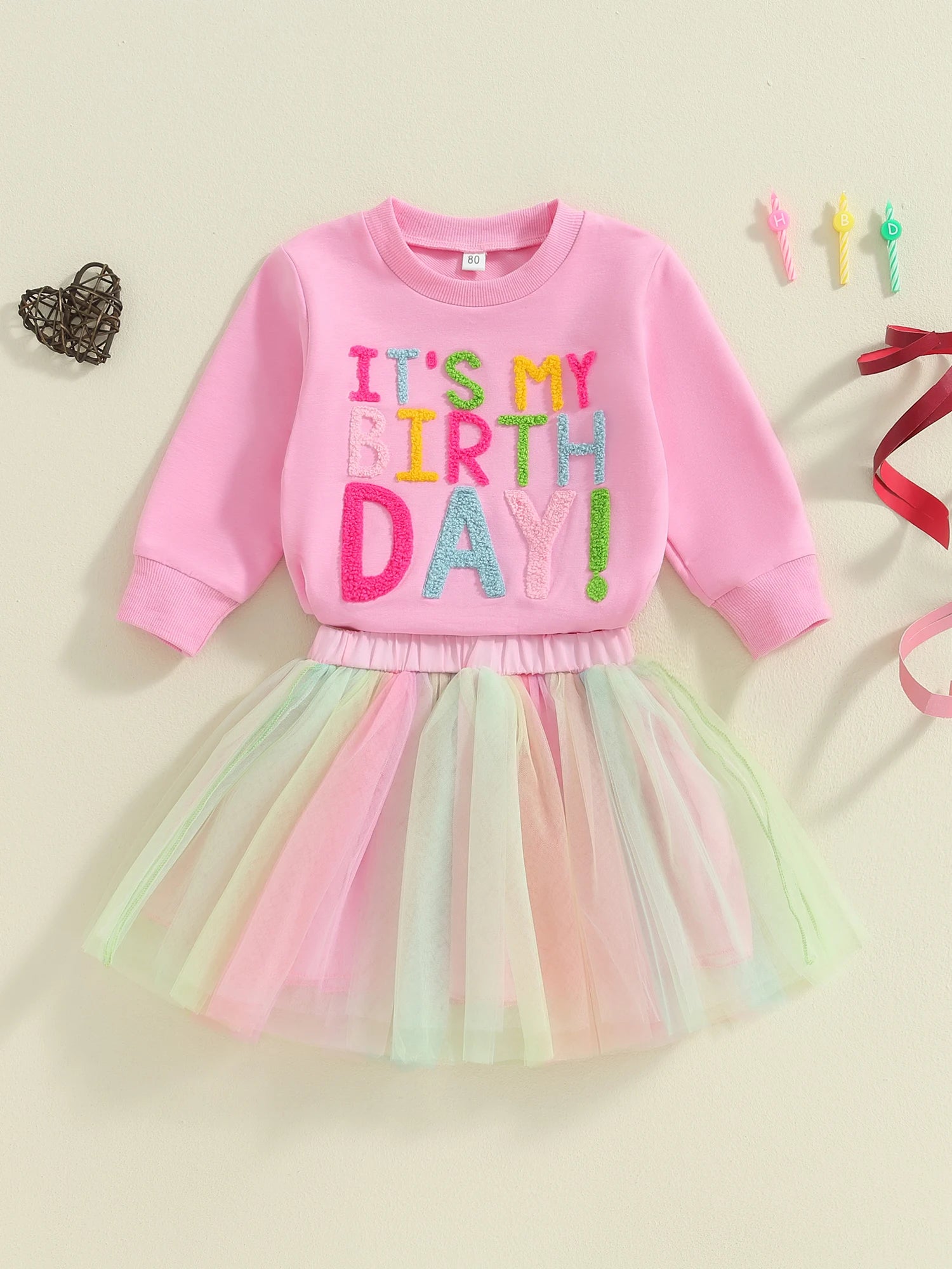 Yamza Tots' Closet Sweatshirt Rainbow & Tulle Skirt with pink birthday sweatshirt and pastel tulle skirt