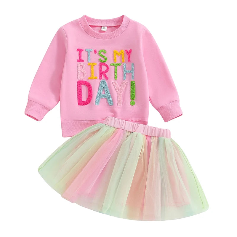 Yamza Tots' Closet pink sweatshirt with colorful It's My Birthday text and pastel tulle skirt Sweatshirt Rainbow & Tulle Skirt