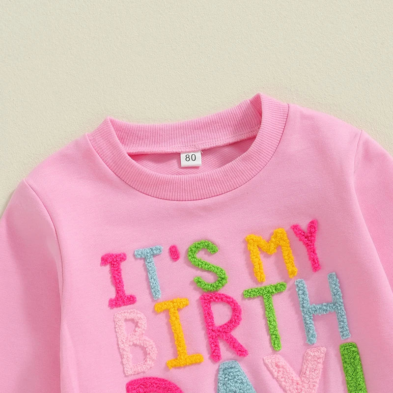 Pink sweatshirt with colorful fuzzy letters spelling It’s My Birthday from Yamza Tots Closet Sweatshirt Rainbow & Tulle Skirt