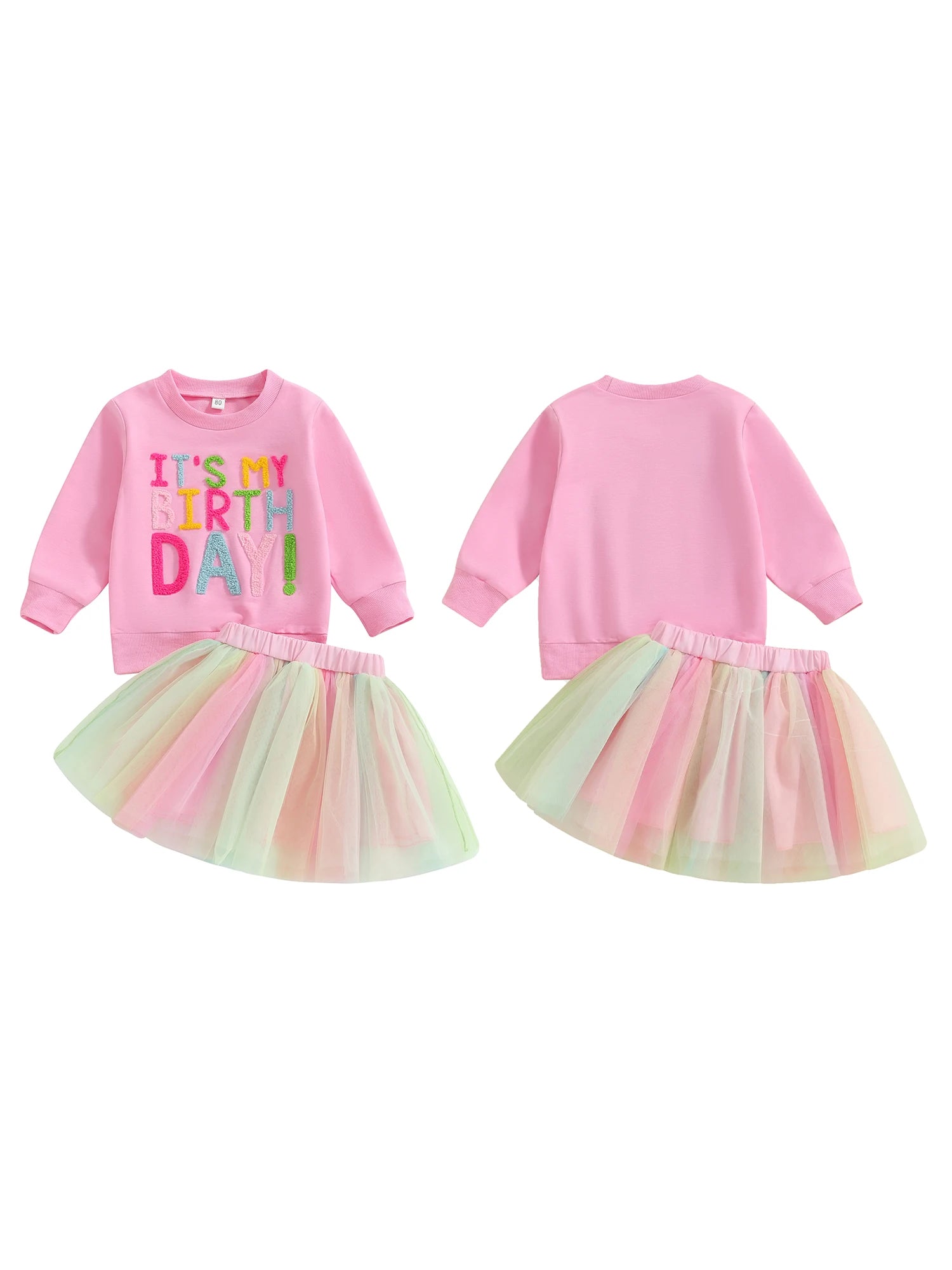 Yamza Tots' Closet Sweatshirt Rainbow & Tulle Skirt set with pink birthday sweatshirt and pastel rainbow tulle skirt