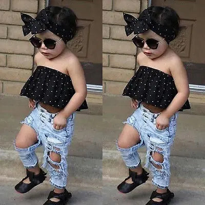 Toddler Baby Girls Black Blouse Top with Ripped Denim Pants Outfit Set featuring black polka dot tube top and distressed jeans