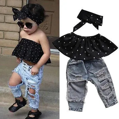 Toddler Baby Girls Black Blouse Top with Ripped Denim Pants Outfit Set by Yamza Tots' Closet
