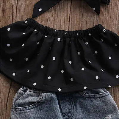 Toddler Baby Girls Black Blouse Top with Ripped Denim Pants Outfit Set featuring a black polka dot blouse and distressed denim shorts