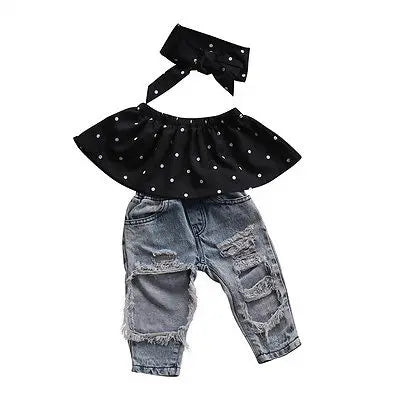 Toddler Baby Girls Black Blouse Top with Ripped Denim Pants Outfit Set by Yamza Tots' Closet 