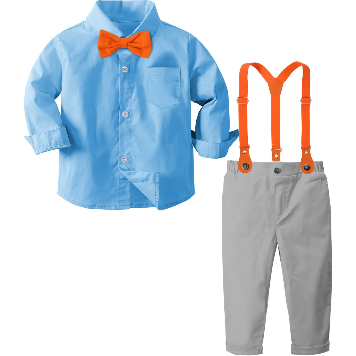 Toddler Boy Outfits Baby Halloween light blue shirt with orange bow tie and gray pants with orange suspenders