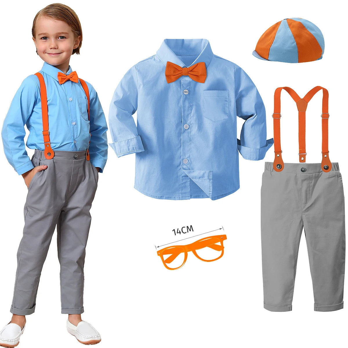 Toddler boy wearing blue shirt with orange bow tie and suspenders gray pants baby Halloween outfit