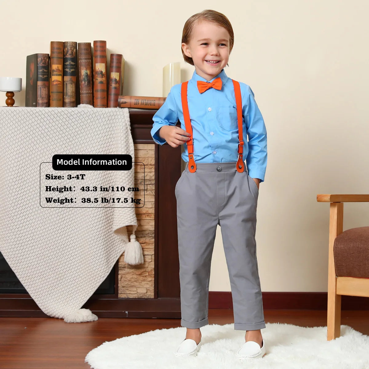 Toddler boy wearing blue shirt gray pants orange suspenders and bow tie Toddler Boy Outfits Baby Halloween