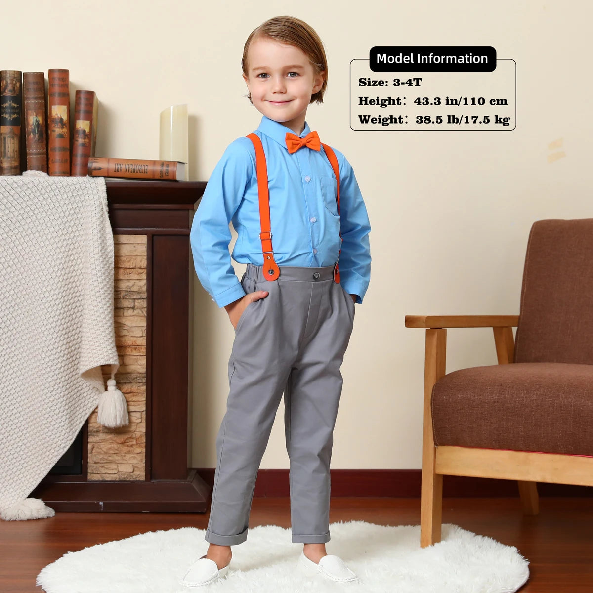 Toddler boy wearing blue shirt with orange bow tie and suspenders in Toddler Boy Outfits Baby Halloween