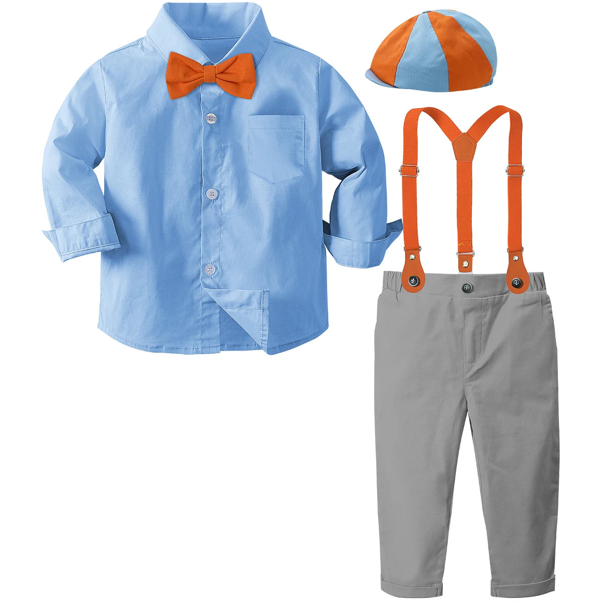 Toddler Boy Outfits Baby Halloween light blue shirt with orange bow tie gray pants with orange suspenders and matching hat