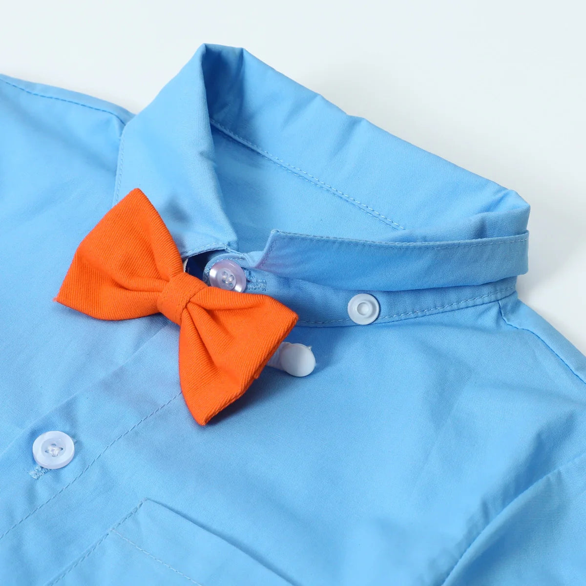 Blue button-up shirt with orange bow tie for toddler boy outfits baby Halloween by Yamza Tots Closet