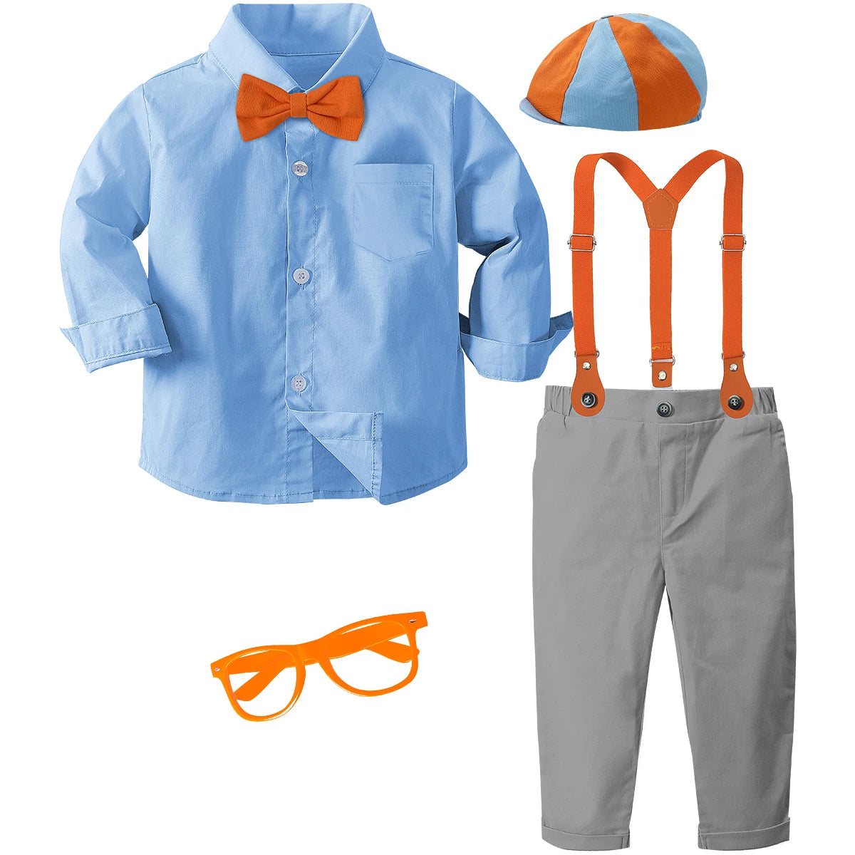 Toddler boy outfits baby Halloween set with blue shirt orange bow tie suspenders gray pants and hat