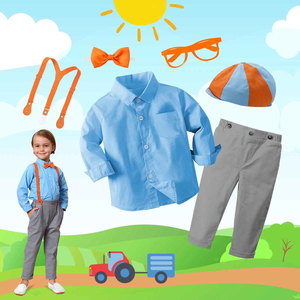Toddler boy outfits baby Halloween blue shirt gray pants orange suspenders bow tie and cap set