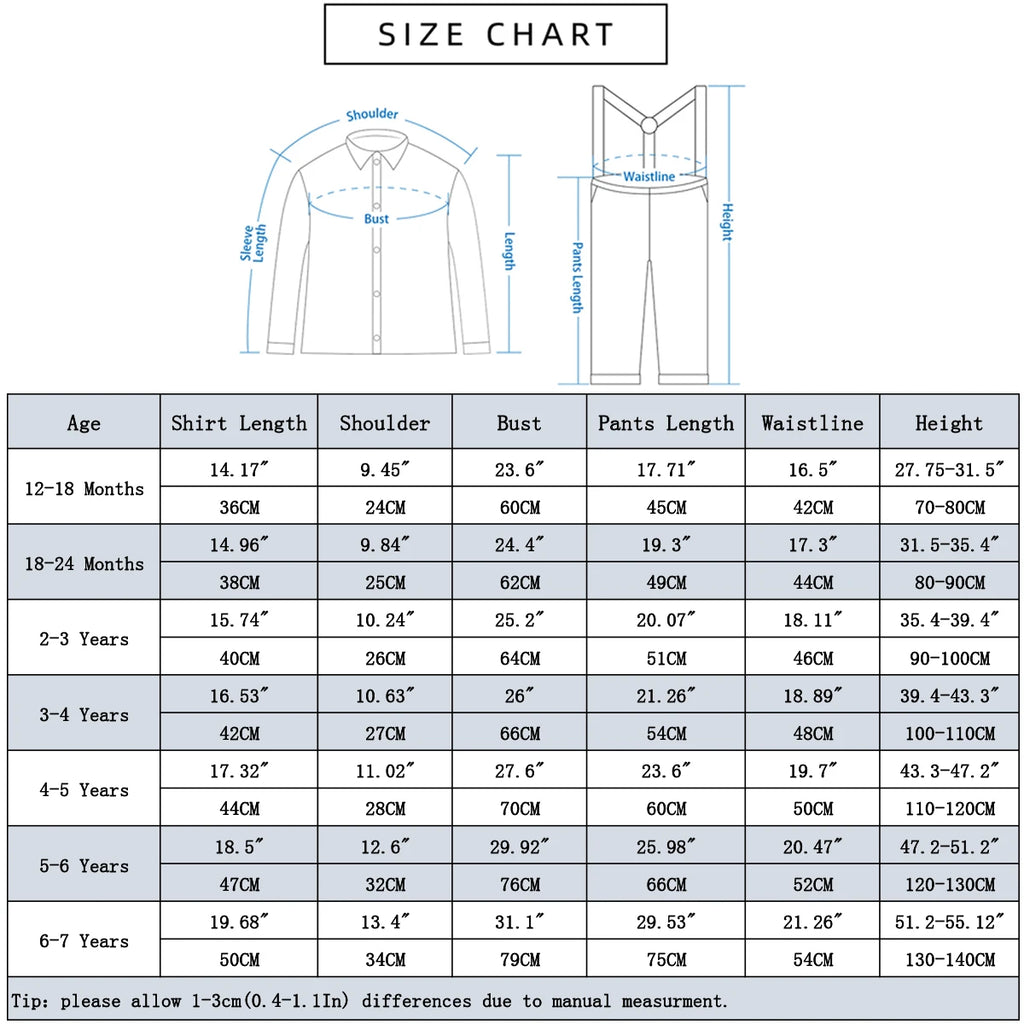 Toddler Boy Outfits Baby Halloween size chart with detailed measurements for shirt and pants from 12 months to 7 years by Yamza Tots Closet