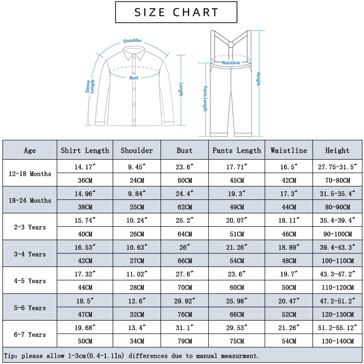Toddler Boy Outfits Baby Halloween size chart with detailed measurements for shirt and pants from 12 months to 7 years by Yamza Tots Closet