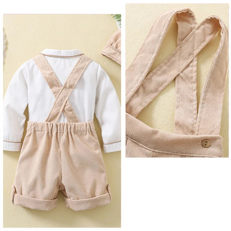 Toddler boys birthday outfit with beige suspender shorts and white long sleeve shirt by Yamza Tots' Closet