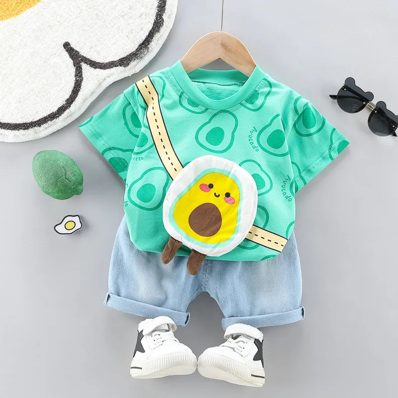 Toddler Boys Fashion Outfit Set Printed T-Shirt with avocado print cartoon bag and denim shorts by Yamza Tots' Closet