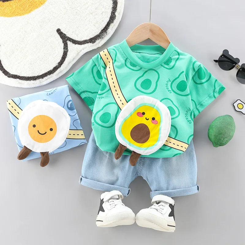 Toddler Boys Fashion Outfit Set Printed T-Shirt with avocado print cartoon bag and denim shorts