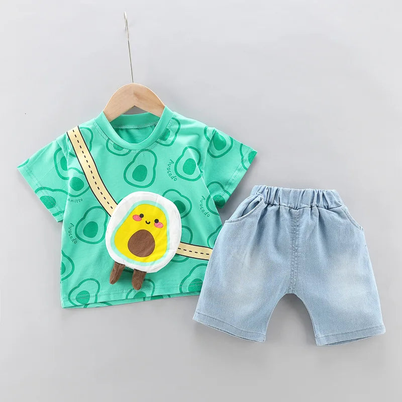 Toddler Boys Fashion Outfit Set Printed T-Shirt with Avocado Print Cartoon Bag and Denim Shorts