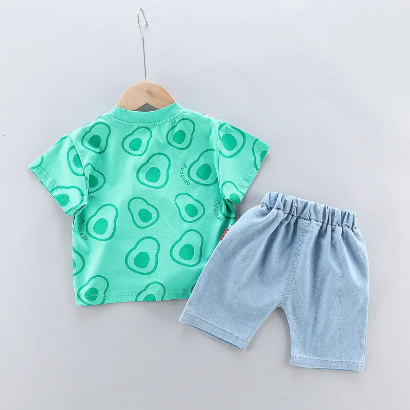 Toddler Boys Fashion Outfit Set Printed T-Shirt with avocado prints and denim shorts by Yamza Tots Closet