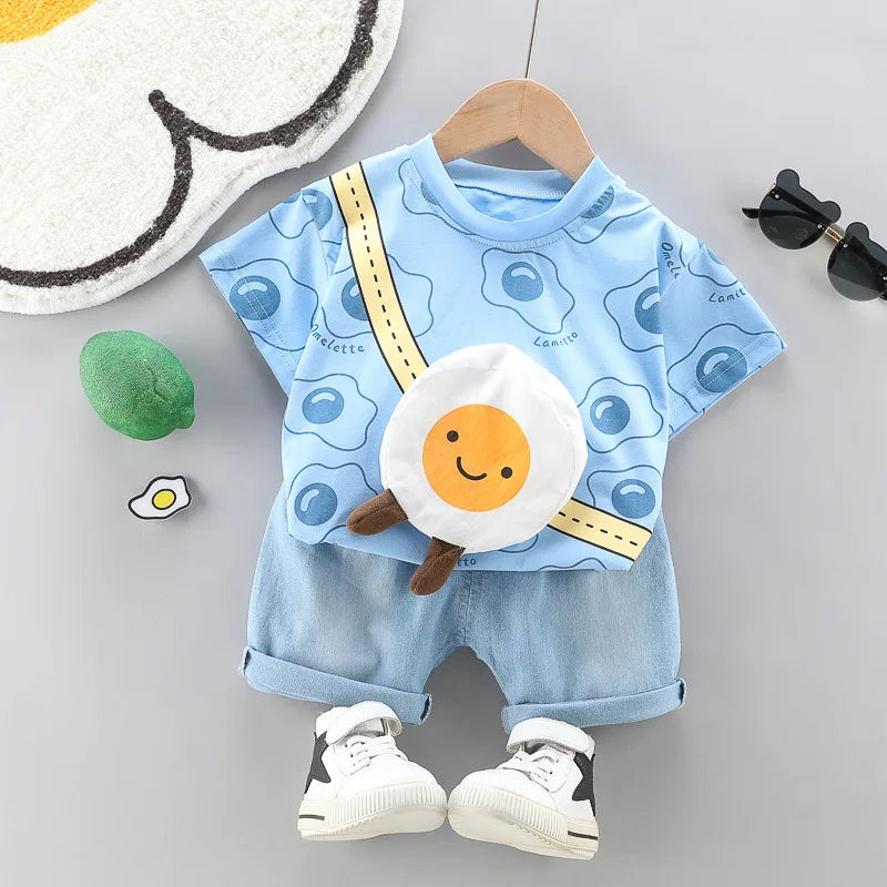 Toddler Boys Fashion Outfit Set Printed T-Shirt with fried egg print cartoon bag and denim shorts on hanger