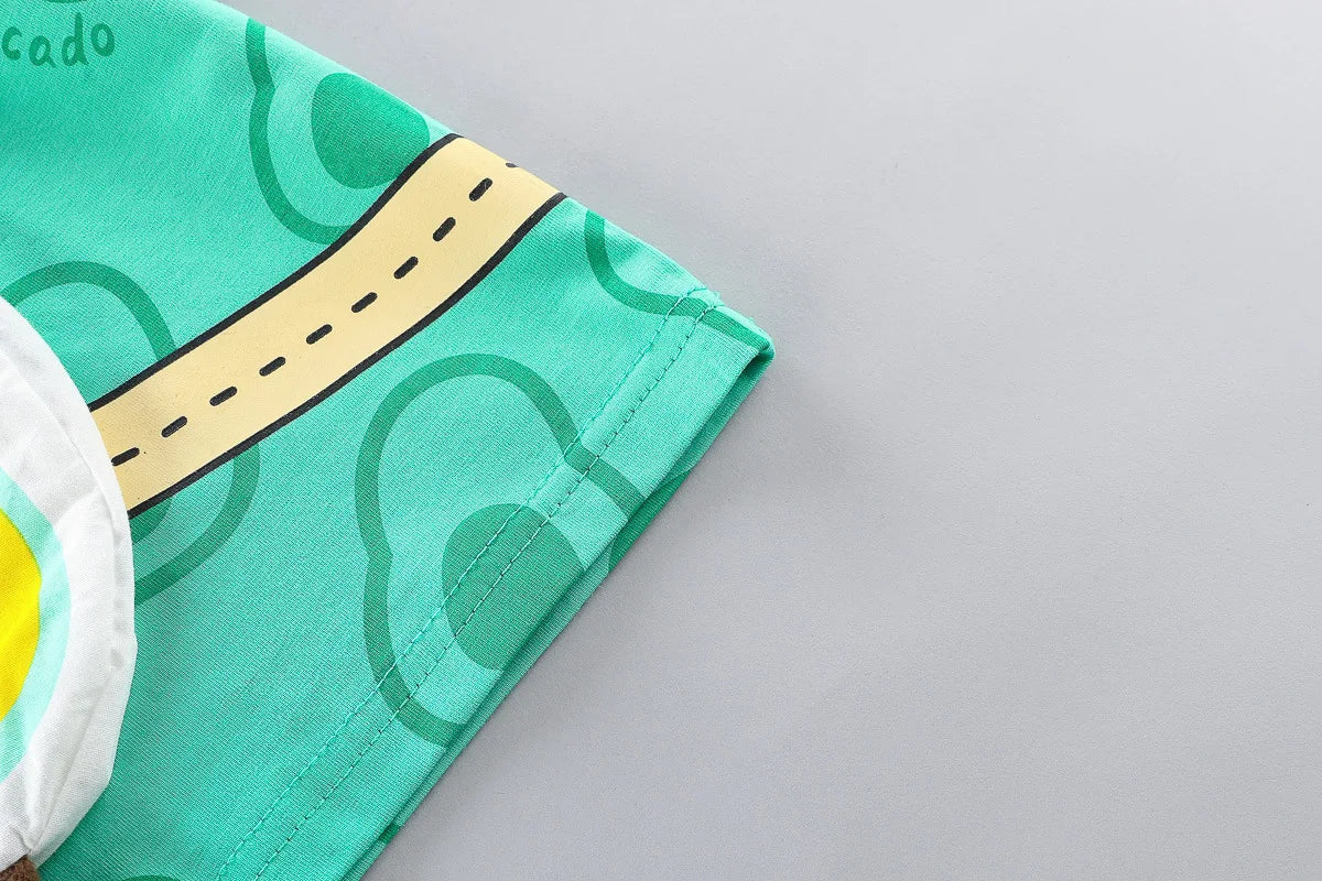 Close-up of printed turquoise t-shirt sleeve from Toddler Boys Fashion Outfit Set Printed T-Shirt & Cartoon Bag & Denim Shorts