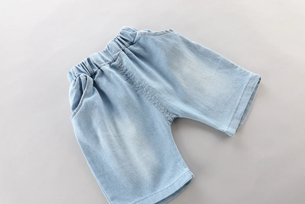 Light blue denim shorts with elastic waistband for toddler boys from Yamza Tots' Closet