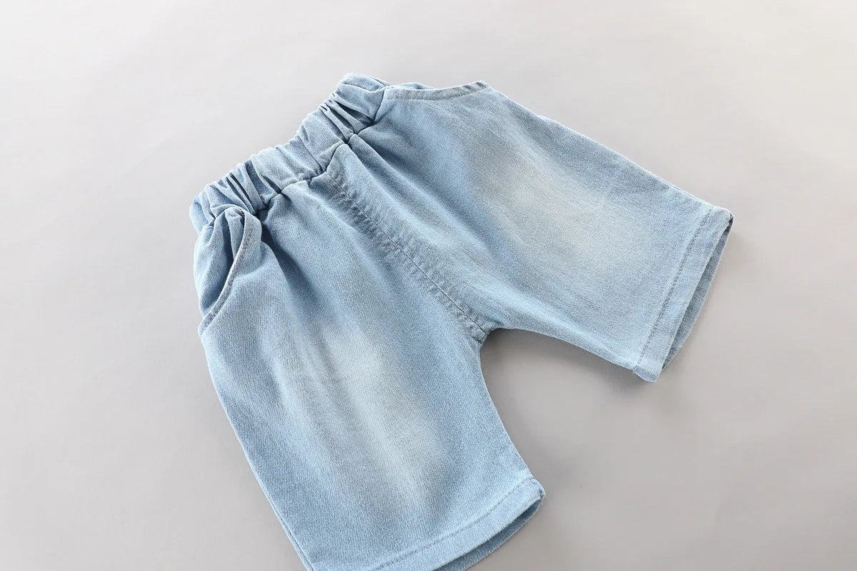 Light blue denim shorts with elastic waistband for toddler boys from Yamza Tots' Closet