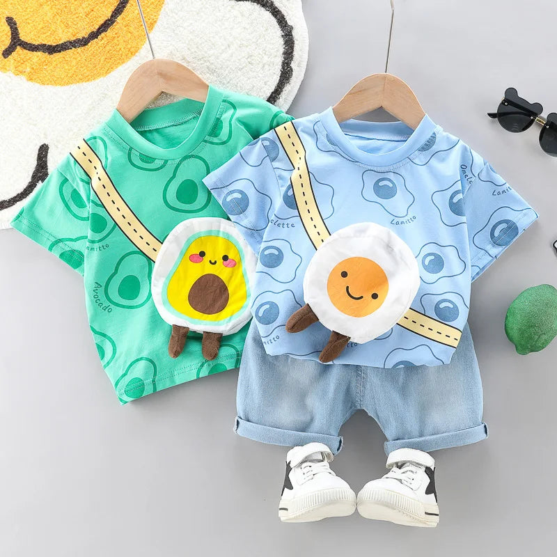 Toddler Boys Fashion Outfit Set Printed T-Shirt & Cartoon Bag & Denim Shorts with avocado and egg designs