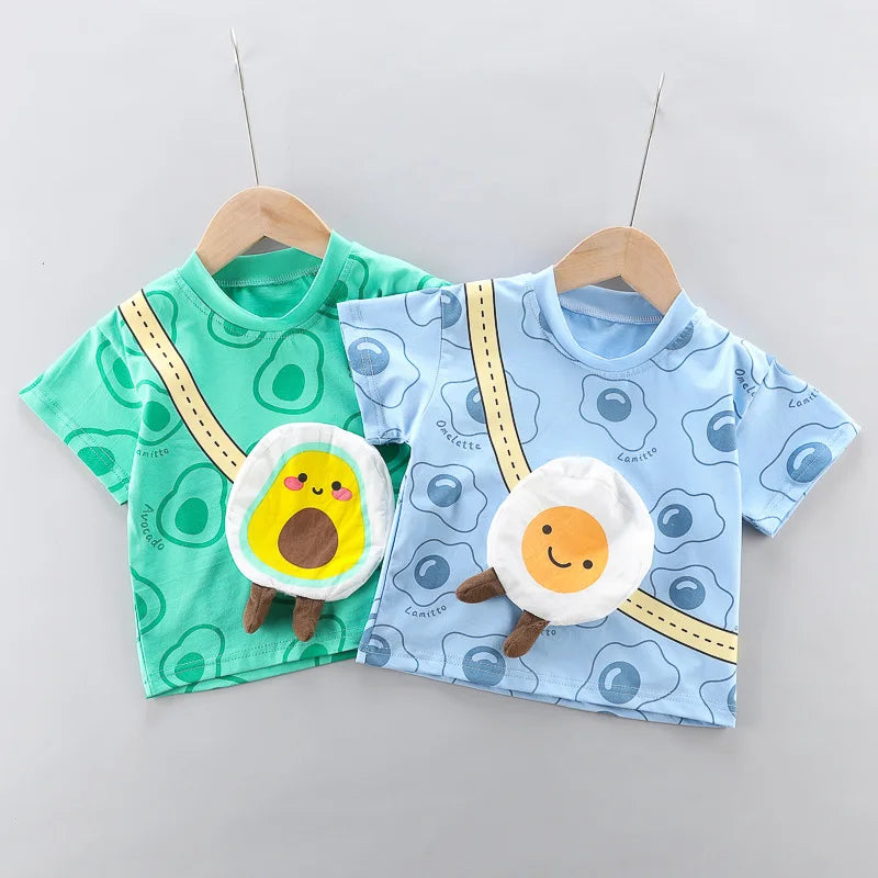 Toddler Boys Fashion Outfit Set Printed T-Shirt and Cartoon Bag and Denim Shorts by Yamza Tots' Closet