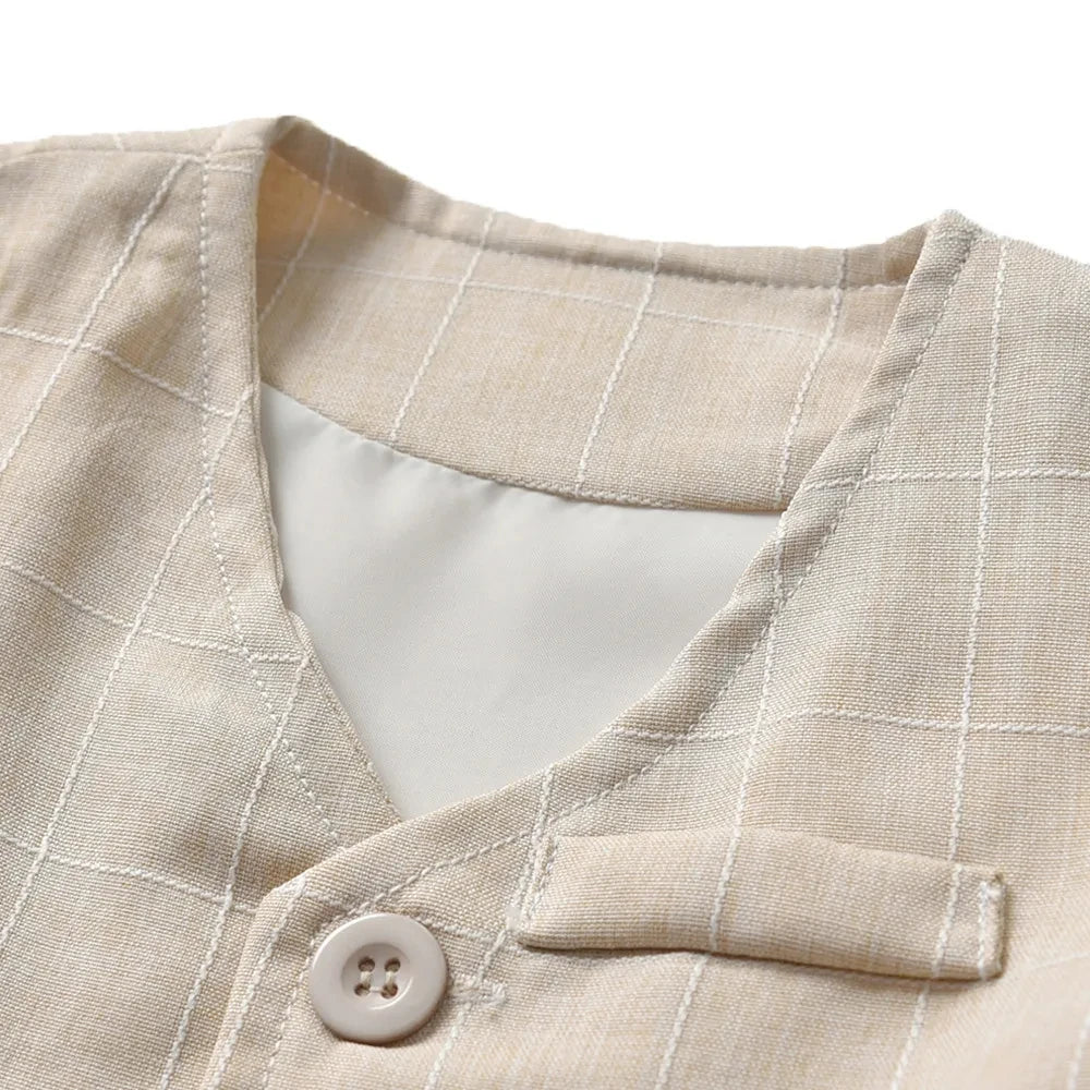 Toddler Boys Formal Outfit Striped Vest White Shirt and Pants Wedding Suit close-up of beige striped vest with button