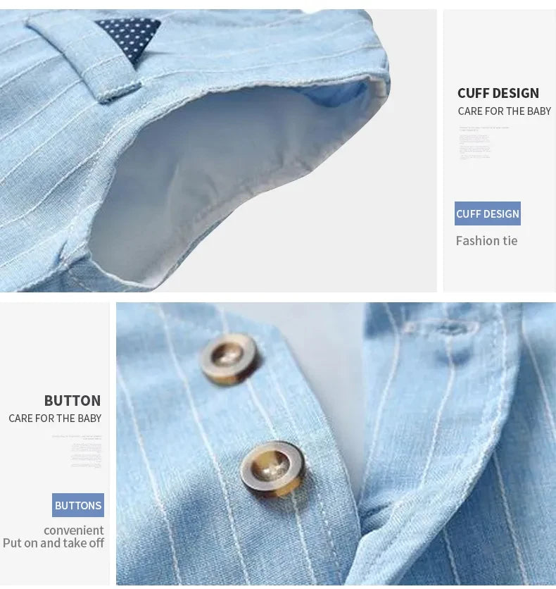 Close-up details of Toddler Boys Formal Outfit Striped Vest White Shirt and Pants Wedding Suit showing cuff design and buttons