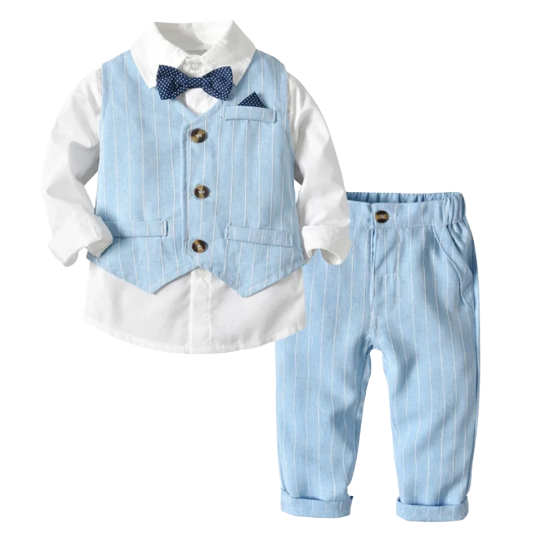 Toddler Boys Formal Outfit Striped Vest White Shirt and Pants Wedding Suit in light blue with bow tie